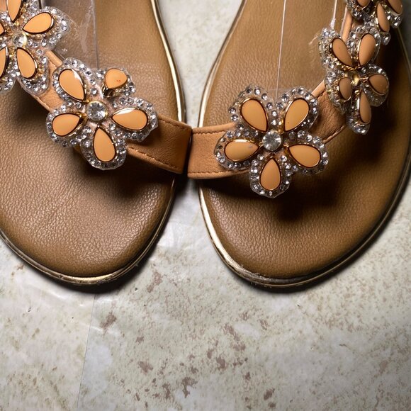 Womens Tan Beaded Floral Sandals Braided Strap Rhinestones Boho Fairy Cottage - Picture 4 of 9